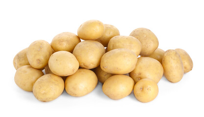 Many fresh raw potatoes isolated on white