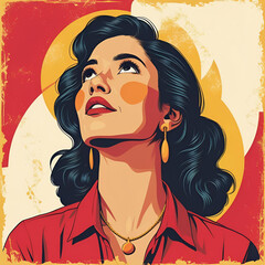 Bold women looking up with red yellow and cream background retro bold colors