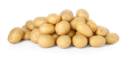 Many fresh raw potatoes isolated on white