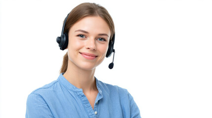 Smiling happy woman, friendly female call center agent with headset provides customer service support. Professional operator giving help and assistance on white background