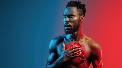 Portrait of a strong, handsome, fit young man with a muscular torso and chest in a studio