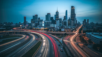Fototapeta premium Modern cityscape at twilight, with car light trails on highways leading to illuminated skyscrapers under a deep blue sky.