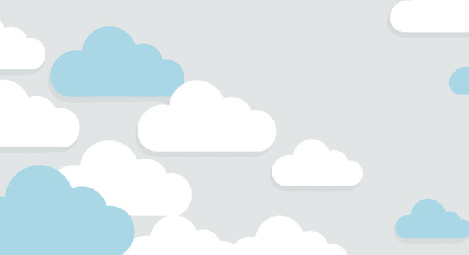 Pastel colored paper clouds against a light gray background. Cute and simple design with soft color palette and cartoon style.