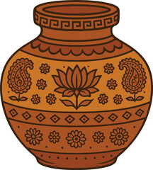 Terracotta Vase Vector Flat Ornate Illustration with Indian inspired design, clay pots 
