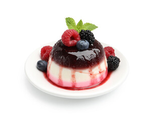 Tasty panna cotta with berries and jam isolated on white