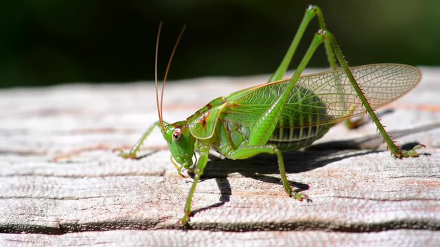 Close-up of a green grasshopper on wooden surface in the sunlight