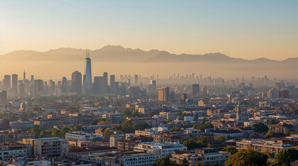 Obraz premium Panoramic view of a sprawling city skyline at sunrise, with a towering skyscraper in the center and mountains shrouded in mist in the background.