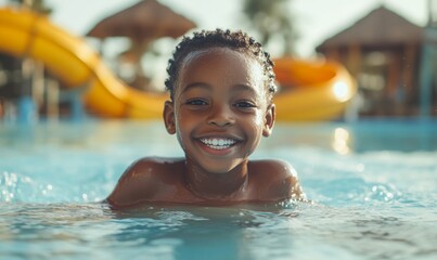 Happy Black child sliding down a water slide in a water park. Smiling African boy swimming in a pool during a vacation, Generative AI