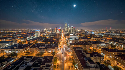 Obraz premium A breathtaking panoramic view of a sprawling city skyline at night, illuminated by streetlights and lit buildings, under a star-filled sky with a prominent full moon.