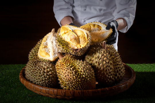 Fresh Durian Display with Sliced Fruit