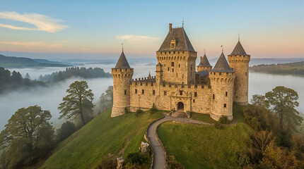 A majestic stone castle stands atop a lush green hill, surrounded by rolling fog and misty forests, under a soft twilight sky.
