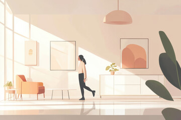 2D vector of a woman walking through a minimalist apartment with soft tones, clean lines, and modern design. --ar 3:2 --v 6.1 Job ID: c9324dce-ee5a-4d72-9b05-1e9cc4b26056