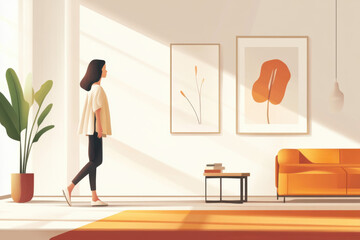Woman walking through a minimalist apartment 