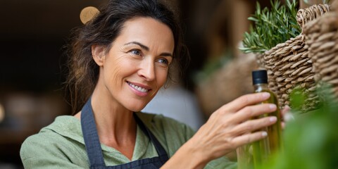 Woman examining olive oil bottle in market with rustic basket and green foliage Product Fresh Natural