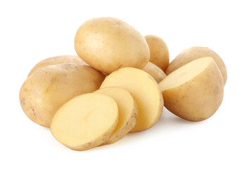Whole and cut potatoes isolated on white