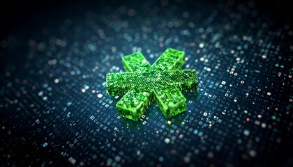 Glowing Green Asterisk Symbol Over Digital Code Background, Abstract Concept