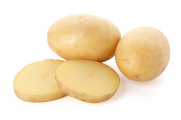 Whole and cut potatoes isolated on white