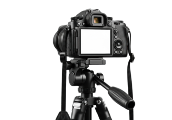 Sleek black digital camera, white blank LCD, black strap, mounted on a robust black professional photography tripod, isolated on a transparent studio background, shadowless lighting, concept of