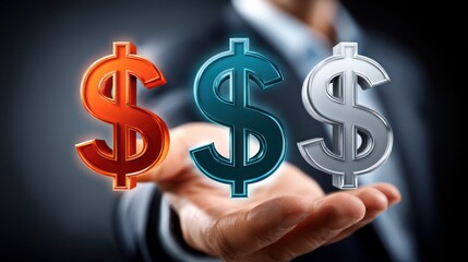 Hand holding glowing metallic dollar symbols in red blue and silver against a blurred background money