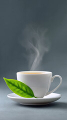 Relaxing white teacup with hot steam and fresh green leaf on saucer against grey background. simple, aromatic beverage for peaceful morning or calm break