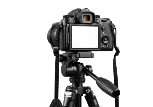 Sleek black digital camera, white blank LCD, black strap, mounted on a robust black professional photography tripod, isolated on a transparent studio background, shadowless lighting, concept of