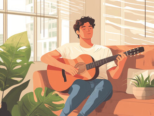Young man playing guitar in a cozy room with plants and soft tones.