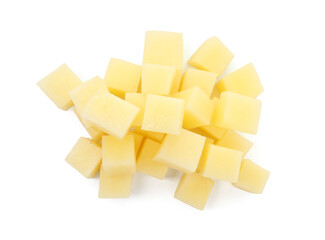 Pieces of raw potatoes isolated on white, top view