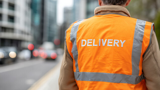 Delivery person wearing an orange vest in the city. - Powered by Adobe