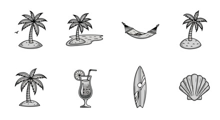 Tropical vacation icons palm trees hammock surfboard cocktail seashell