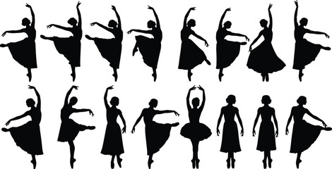 Ballet dancer silhouettes, elegant dance poses, black ballerina icons, tutu and dress styles, graceful movement illustration, performance art vector set