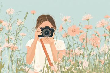 Young woman with a camera, taking photos in a flower field.