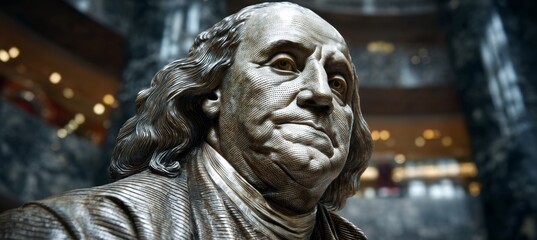 Benjamin Franklin on hundred dollar bill USD. Finance Business Investment concept. Generative AI technology.