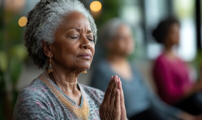 Senior Black women meditating together on a wellness spa retreat. Retired elderly African American female pensioners practicing yoga, meditation, and deep breathing exercises, Generative AI