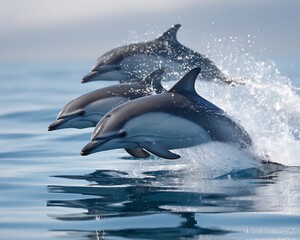 Fototapeta premium Three dolphins leaping joyfully through ocean waves in a splash of water