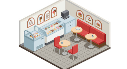Fototapeta premium Cozy ice cream parlor interior with seating and display counter in isometric design