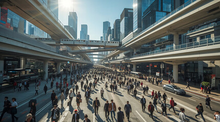 Obraz premium A bustling modern city scene with elevated train tracks, a busy street filled with pedestrians, and sleek skyscrapers under a bright blue sky.