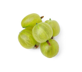 Many fresh green gooseberries isolated on white, top view