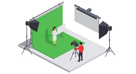 Isometric photography studio setup with green screen and lighting equipment