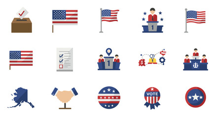 Election icons set featuring flags, voting symbols, and political themes