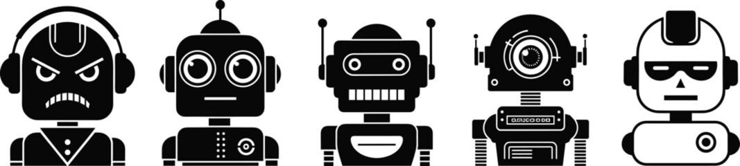 Robot character silhouettes, futuristic machine designs, black and white robot icons, sci-fi android illustration, tech creature set, AI concept art