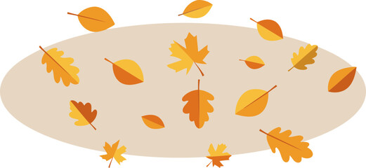 Fototapeta premium Autumnal leaves in various shades of orange and yellow falling in a beige background. Colorful foliage in motion against a soft cream backdrop.