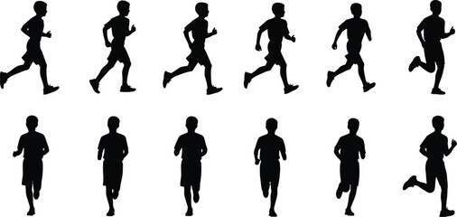 Running silhouette set, side and front views, black athlete motion stages, dynamic runner poses, sports movement illustration, vector design