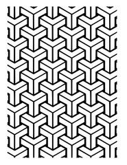 Geometric pattern featuring repeating y shaped figures in black and white creating an optical illusion