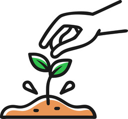 A detailed illustration of a human hand carefully planting a small seed into fertile soil symbolizing growth and new beginnings in a garden setting
