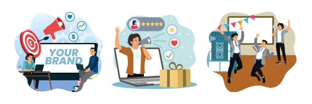 Branding team increases business targets with brand names, promoting positive feedback, brand event.