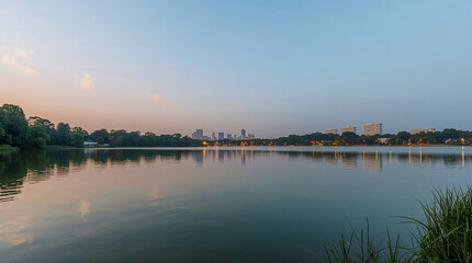 Obraz premium A serene lake reflects the soft colors of a twilight sky and a distant city skyline, framed by lush trees and foreground grasses.