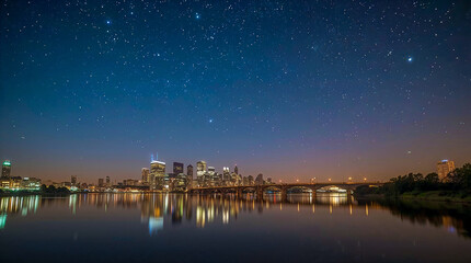 A city skyline with buildings lit up at night, reflected in a calm body of water under a sky full of stars. A bridge spans the water.