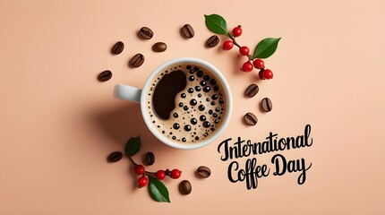 Vector illustration of happy International or national Coffee Day with hand lettering. Suitable for greeting card, poster and banner. mobile background