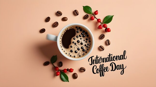 Vector illustration of happy International or national Coffee Day with hand lettering. Suitable for greeting card, poster and banner. mobile background
