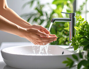 A person washes his hands at the sink